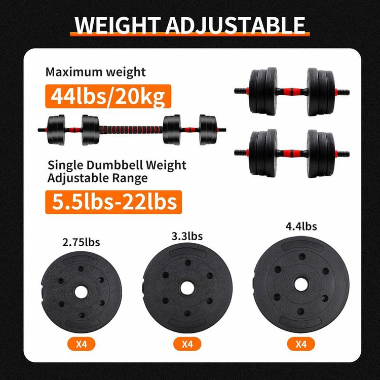 5-44Bls Adjustable Dumbbell Set for Home Gym Fitness Weight Plates, 3-In-1 Ergonomic Modes, Heavy Duty Cast for Strength Training Barbell Weight Set